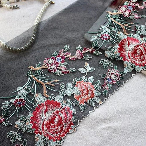刺繍レース ブラック 黒 牡丹 和柄 着物 半襟 帯 リメイク