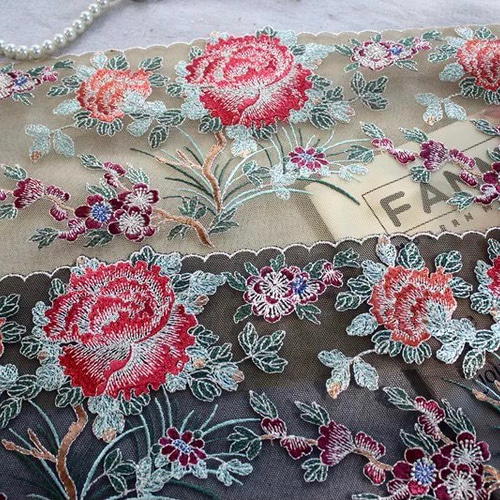 刺繍レース ブラック 黒 牡丹 和柄 着物 半襟 帯 リメイク