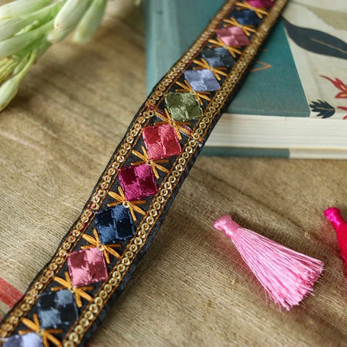 インド刺繍リボン シルク100% カラフル 宝石 チロリアンテープ 洋裁 