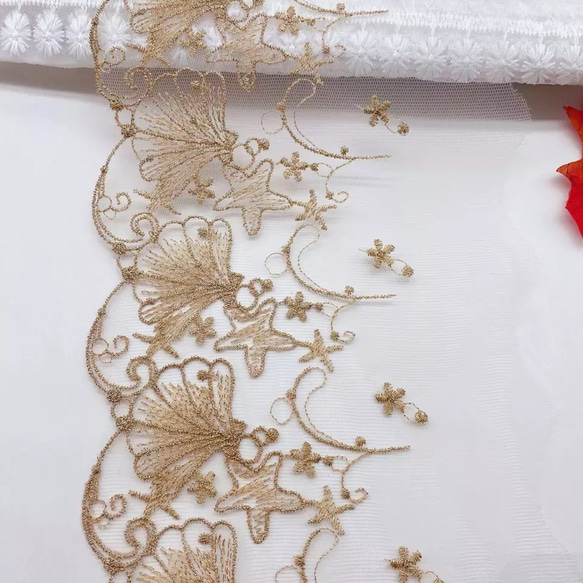 刺繍レース 金 白 ゴールド シェル 貝殻 ヒトデ マリン 海 ドールドレス 結婚式 アンティーク ハンドメイド 衣装 4枚目の画像