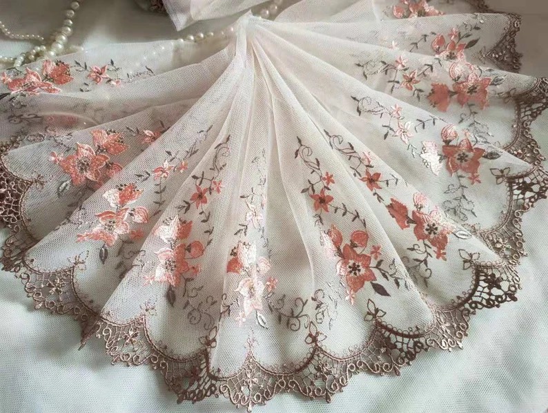 刺繍レース サーモンピンク オレンジ 花 プリンセス 生地