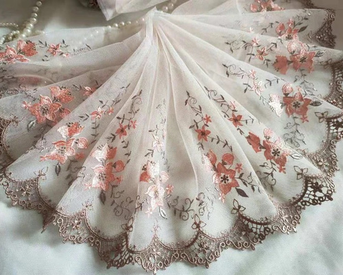 刺繍レース サーモンピンク オレンジ 花 プリンセス 生地