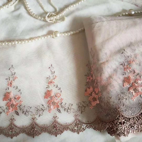 刺繍レース サーモンピンク オレンジ 花 プリンセス 生地