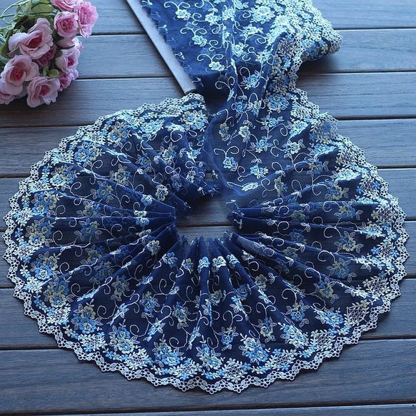 ネイビー 紺色 刺繍レース 高級 素材 洋裁 手芸 生地 はぎれ 布