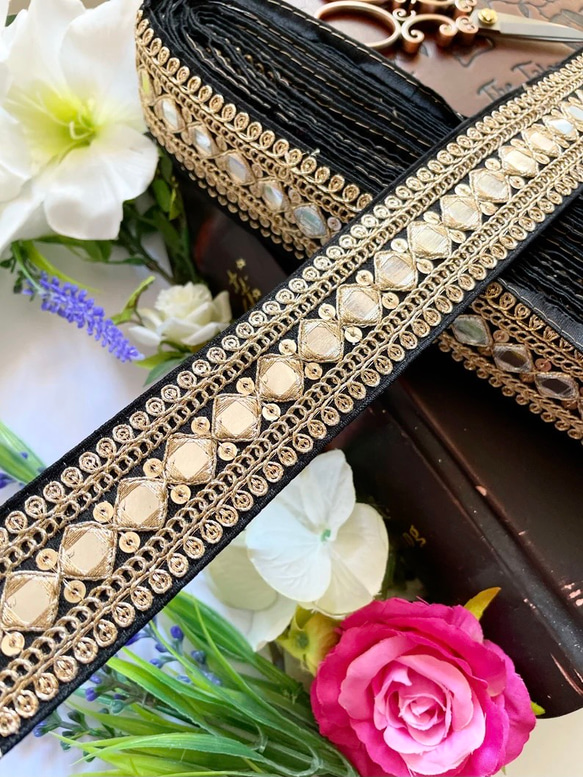 インド刺繍リボン ブラックダイヤ 金 ゴールド シルク チロリアン