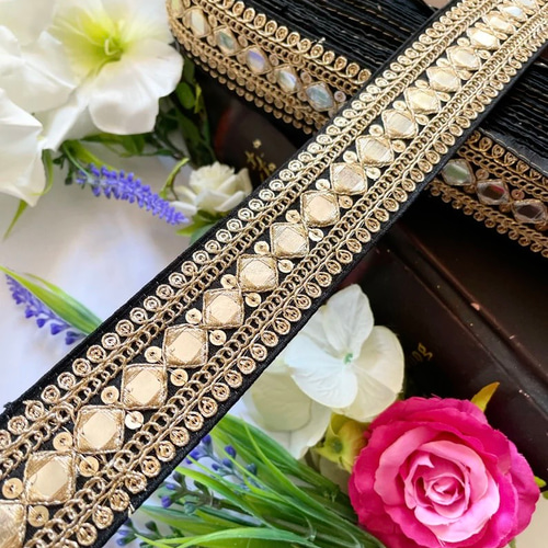インド刺繍リボン ブラックダイヤ 金 ゴールド シルク チロリアン