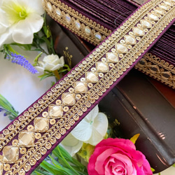 インド刺繍リボン 紫 バーガンディ 銀 紫 金 ゴールド 結婚式チロリアンテープ ワインレッド アンティーク 北欧 布 1枚目の画像