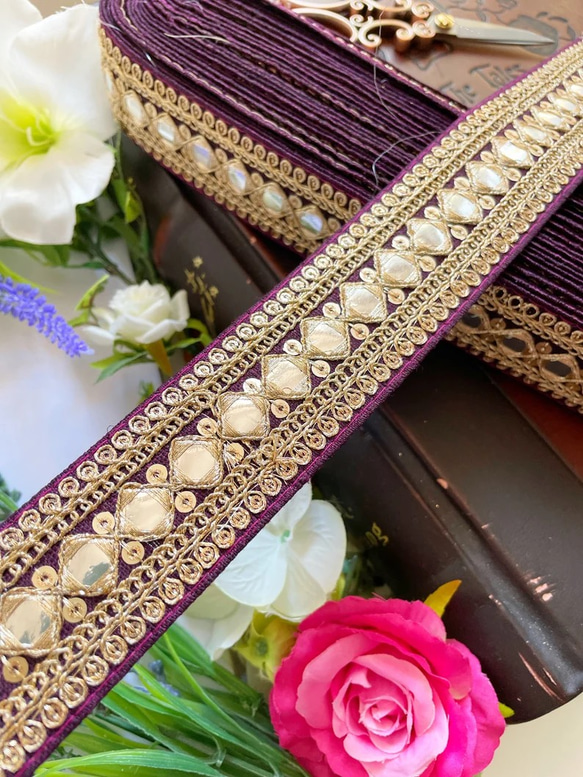 インド刺繍リボン 紫 バーガンディ 銀 紫 金 ゴールド 結婚式チロリアンテープ ワインレッド アンティーク 北欧 布 2枚目の画像