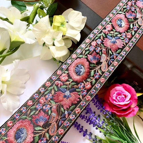 インド刺繍リボン シルク100% 紫 鳥 花 着物帯 高級