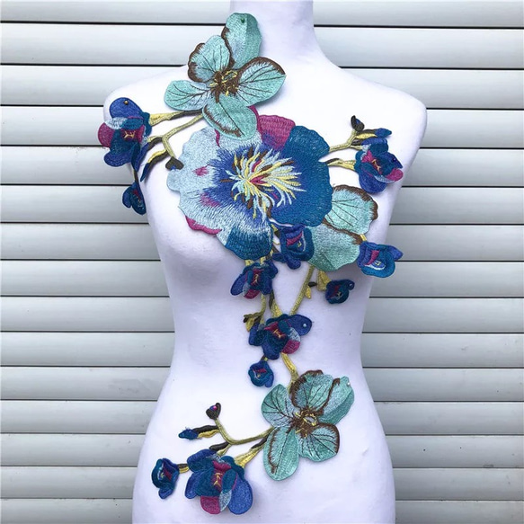 刺繍ワッペン 青 ブルー ハワイ 花 アジアン パーツ 刺繍レース 結婚式