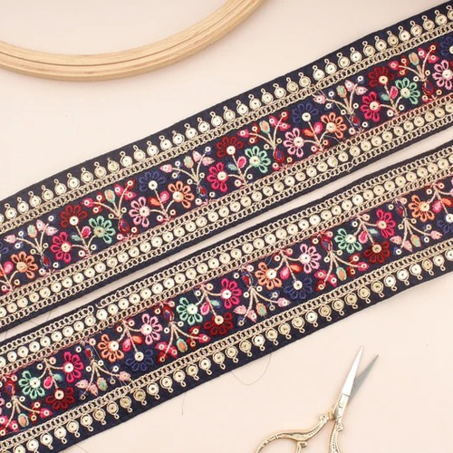 インド刺繍リボン ネイビー 紺色 シルク100% 花 金 刺繍布 北欧