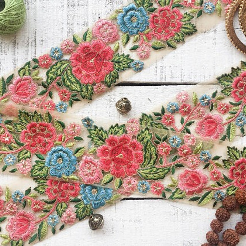 インド刺繍リボン ヴィンテージ アンティーク 花刺繍 ピンク 水色 手芸  