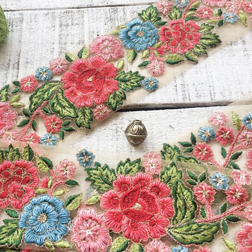 インド刺繍リボン ヴィンテージ アンティーク 花刺繍 ピンク 水色 手芸  