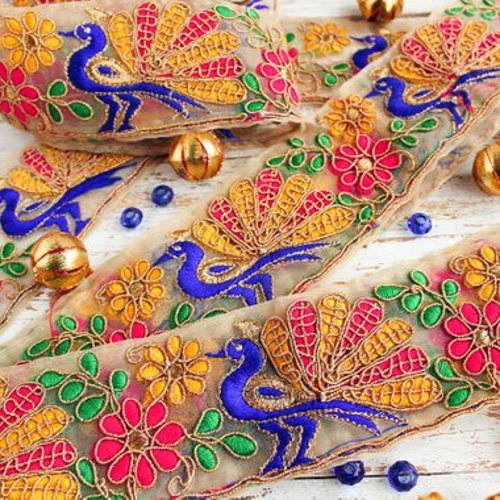 インド 刺繍 リボン ヴィンテージ アンティーク 花 鳥 孔雀 金糸 