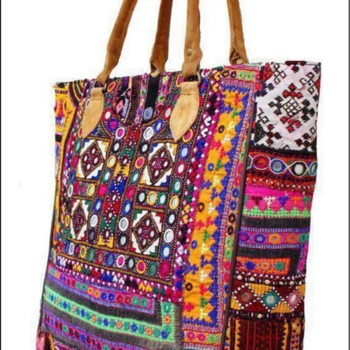 インド手刺繍 ミラーワーク バッグ 本革 レザー パッチワーク
