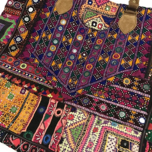 インド手刺繍 ミラーワーク バッグ 本革 レザー パッチワーク
