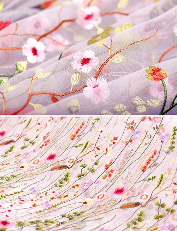 花刺繍 ボタニカル チュール レース 白 生地 布 ハンドメイド ドレス レトロ 4枚目の画像