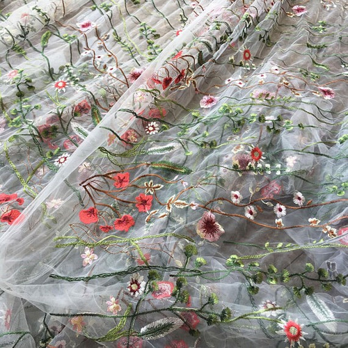 花刺繍 ボタニカル チュール レース 白 生地 布 ハンドメイド 花刺繍 ボタニカル チュール レース 白 生地 布 ハンドメイド
