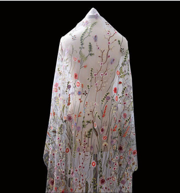 花刺繍 ボタニカル チュール レース 白 生地 布 ハンドメイド ドレス レトロ 9枚目の画像