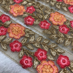 インド刺繍 リボン 花刺繍 手芸テープ レトロ アジアン アンティーク レース チロリアンテープ ピンク オレンジ 5枚目の画像