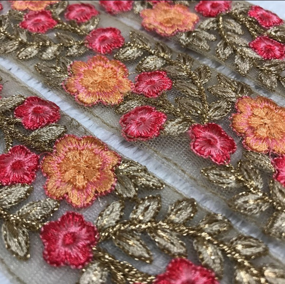 インド刺繍 リボン 花刺繍 手芸テープ レトロ アジアン アンティーク レース チロリアンテープ ピンク オレンジ 6枚目の画像
