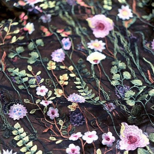 花刺繍 布 ハギレ 生地 黒 チュール ヴィンテージ レース 結婚式 