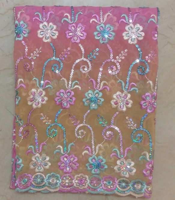 インド 刺繍 ドゥパタ 布チュール 衣装 サリー 花刺繍 はぎれ スカート ショール カーテン レース ドレス スカーフ 2枚目の画像
