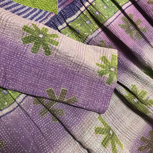 ラリーキルト ロングコート 紫 M インド 手刺繍 刺し子 カンタ