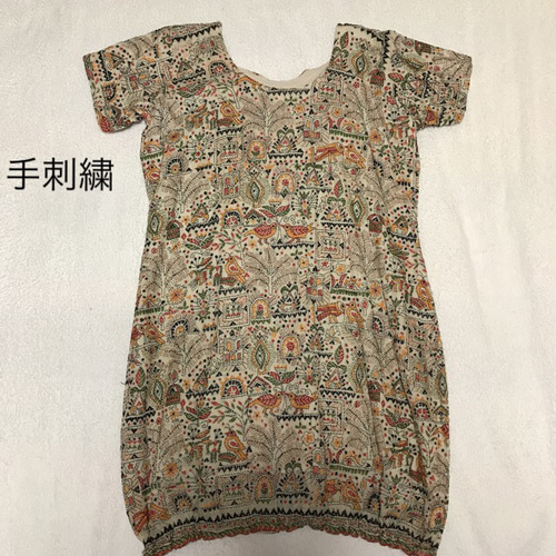 シルク100% インド 手刺繍 クルタ ワンピース 刺し子 手縫い 鳥 インコ 