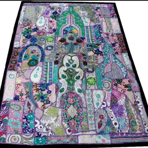 パッチワーク タペストリー 敷物 ラグ 刺し子 ラリーキルト 紫 ピンク  