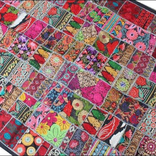 インド刺繍リボン 布 パッチワーク敷物 ラグ ヴィンテージ