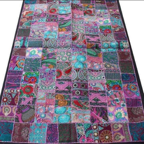 インド刺繍リボン 布 パッチワーク 敷物 ラグ ヴィンテージ エスニック