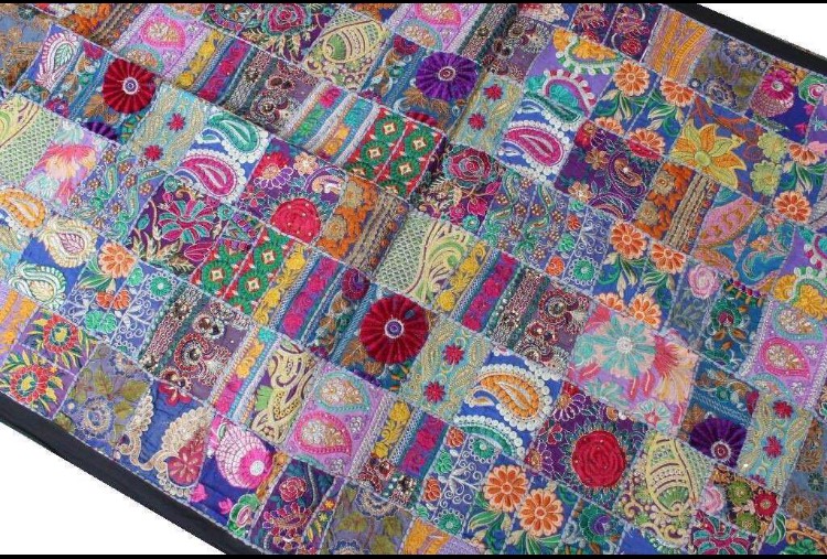 122ꕤ︎︎パッチワーク カンタキルト 花鳥 手染め リボン インド刺繍リボン パッチワーク キルト 布 手仕事 カンタ刺し子