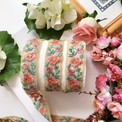 インド刺繍リボン 花 ピンク アンティークレース ビンテージ 海外輸入