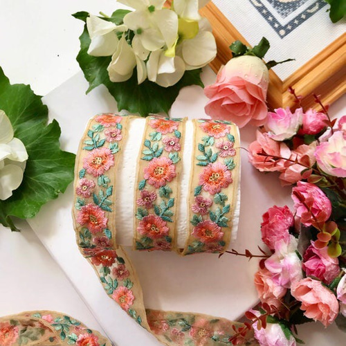 インド刺繍リボン 花 ピンク アンティークレース ビンテージ 海外輸入