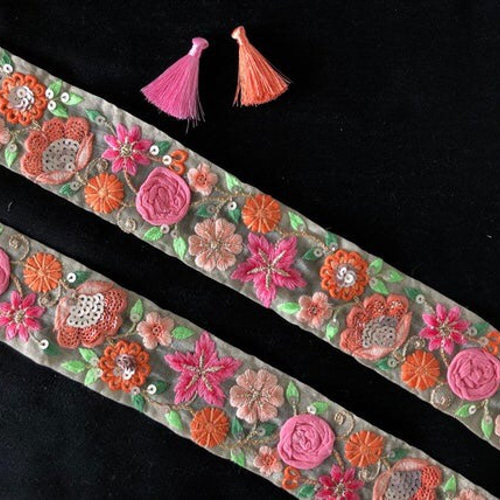 インド刺繍リボン 花 アンティークレース ピンク 薔薇 バラ チロリアン