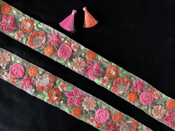 インド刺繍リボン 花 アンティークレース ピンク 薔薇 バラ チロリアンテープ リバティ バイアステープ チュールレース 3枚目の画像