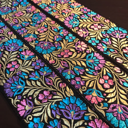 インド刺繍リボン 幅広 花 ヴィンテージ はぎれ 紫 ピンク 水色 金  