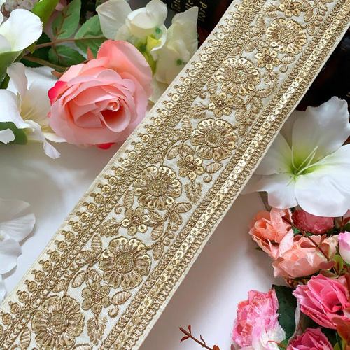 インド刺繍リボン 金 ゴールド ベージュ フランスアンティーク 花 