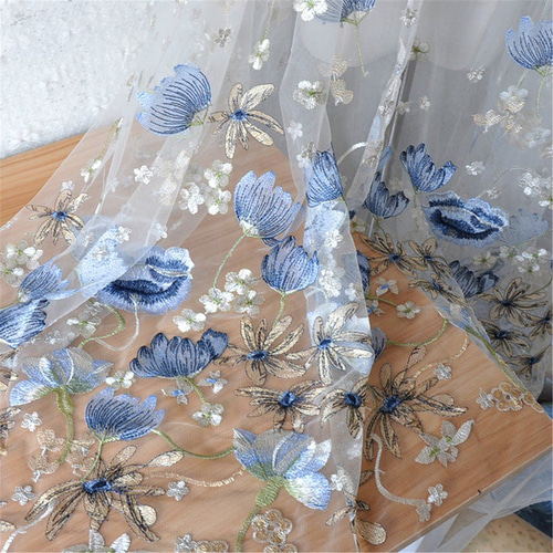 白 青 花刺繍チュール レース カーテン フランスアンティーク 手芸