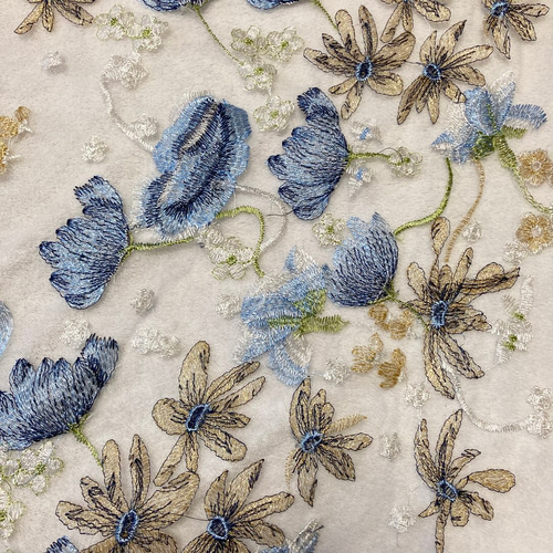 白 青 花刺繍チュール レース カーテン フランスアンティーク 手芸