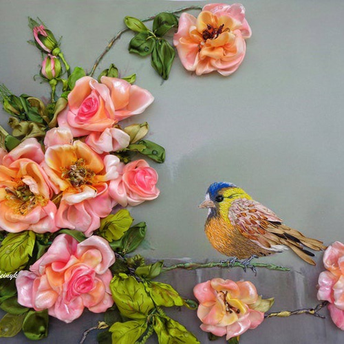 手刺繍 リボン刺繍 アート 鳥 薔薇 タペストリー壁掛け ハチドリ