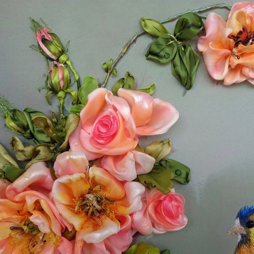 手刺繍 リボン刺繍 アート 鳥 薔薇 タペストリー壁掛け ハチドリ