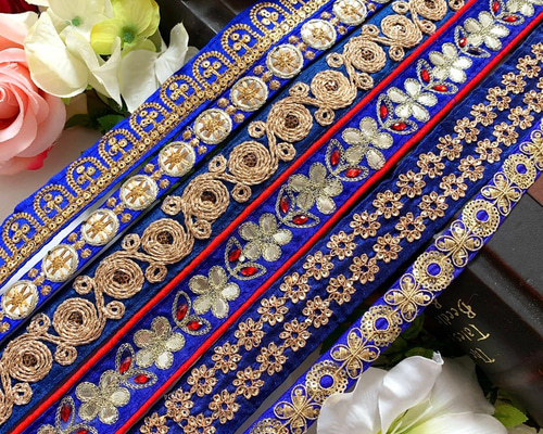 インド刺繍リボンセット 青 金 キラキラ エスニック アジアン