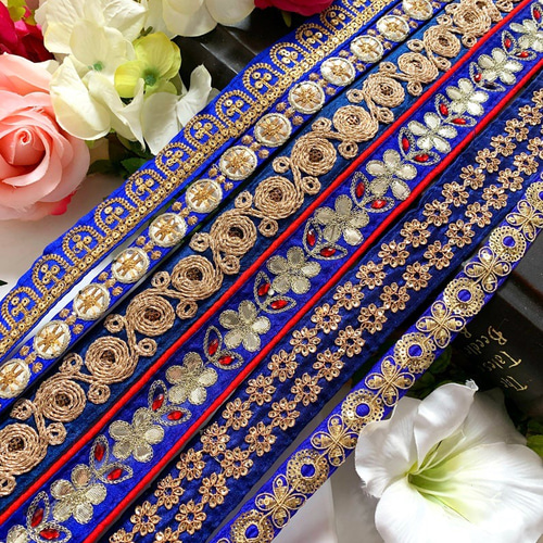 インド刺繍リボンセット 青 金 キラキラ エスニック アジアン