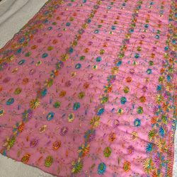 インド刺繍布 ドゥパタ ピンク 花レース ボタニカル アジアン エスニック 生地 6枚目の画像