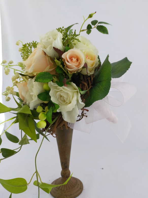 オーダーメイド参考商⑩キャスケードブーケ＆ブートニア～Fresh ～ナチュラルリースとスズランと利休草 