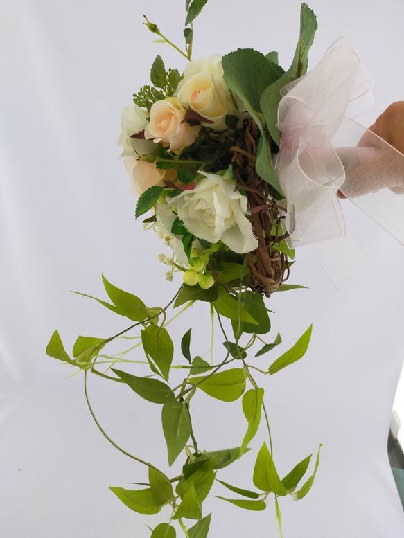 オーダーメイド参考商⑩キャスケードブーケ＆ブートニア～Fresh ～ナチュラルリースとスズランと利休草 