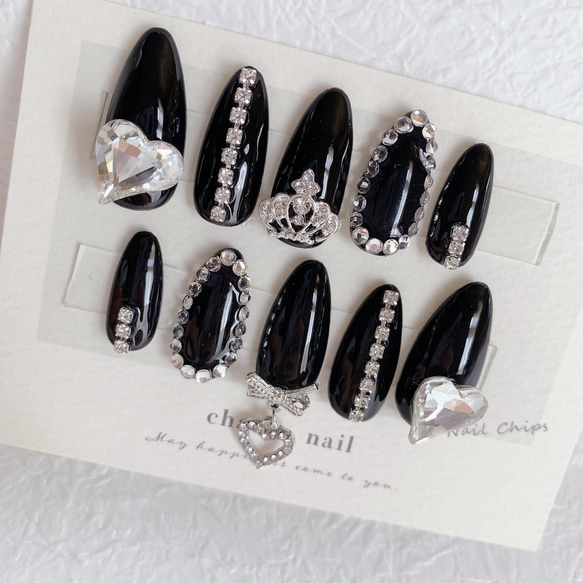 ネイルチップ 黒 ハート ビジュー ワンホン 量産型 地雷系