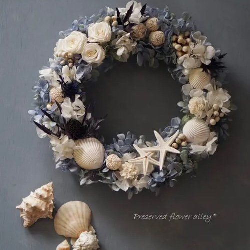 プリザーブドフラワー＆シェルリース☆ブルーリース （24cm）【ギフト